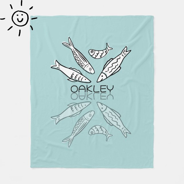 Cute Blue Sardines Reflection Doodle Custom Name Fleece Blanket (Creator Uploaded)