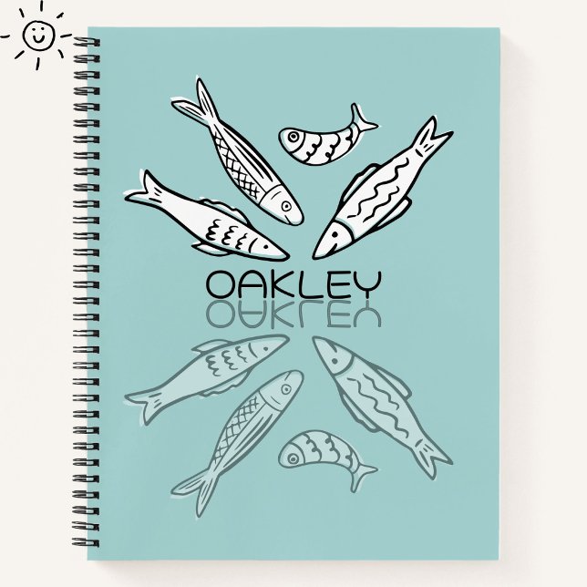 Cute Blue Sardines Reflection Doodle Custom Name Notebook (Creator Uploaded)
