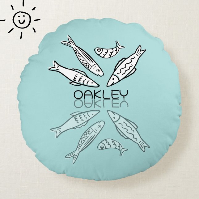 Cute Blue Sardines Reflection Doodle Custom Name Round Cushion (Creator Uploaded)
