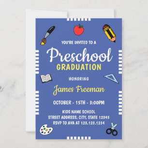 Cute Blue School Supplies Kindergarten Graduation Invitation