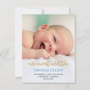 Cute Blue Script Photo Baby Announcement