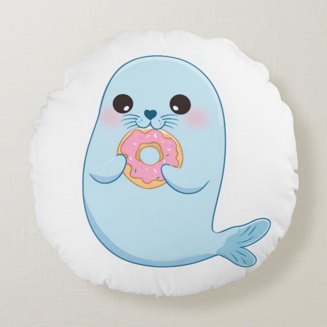 Cute Blue Seal with Doughnut Round Pillow  (Front)