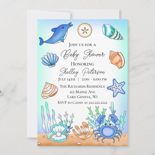 Cute Blue Seaside Beachy Baby Shower Invitation (Front)