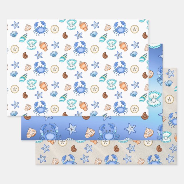 Cute Blue Seaside Beachy Baby Shower Wrapping Paper Sheet (Set)