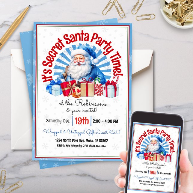 Cute Blue Secret Santa Christmas Party Invitation (Blue Christmas secret santa party invitations for holiday party or gift exchange white elephant)