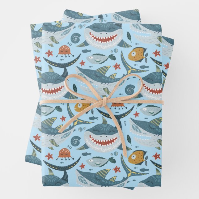 Cute Blue Shark Birthday Kid Boys Thank You Gift Wrapping Paper Sheet (In situ)
