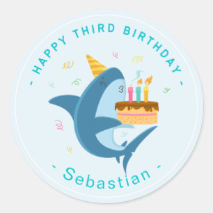 CUTE BLUE SHARK HAPPY THIRD BIRTHDAY BOY CLASSIC ROUND STICKER