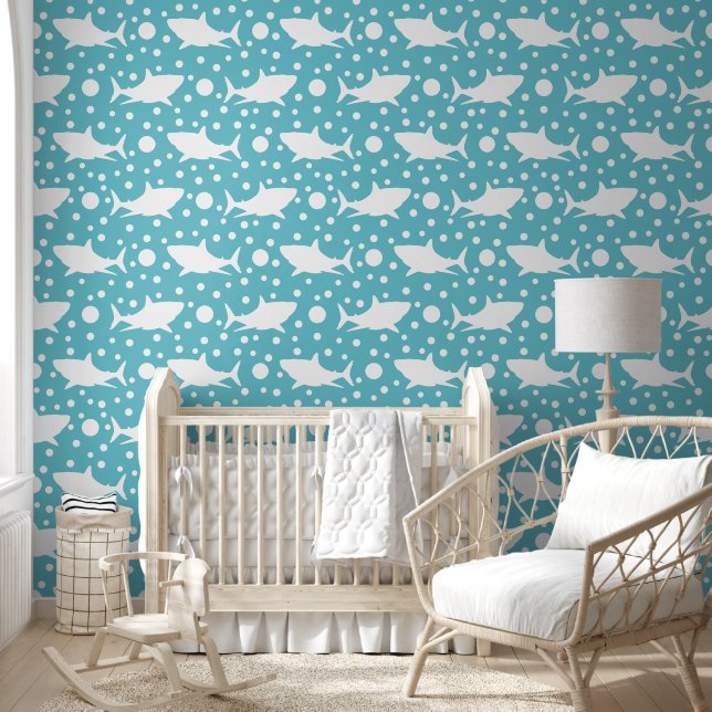 Cute Blue Shark Pattern Kids Nursery Room Wallpaper (Kids)