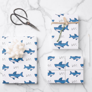 Cute Blue Shark Pattern Wrapping Paper Sheet