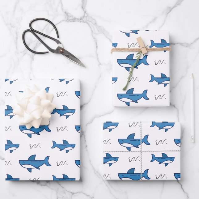 Cute Blue Shark Pattern Wrapping Paper Sheet (Front)