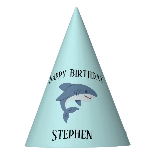 Cute blue shark personalised party hat (Front)