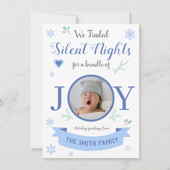 Cute blue Silent nights bundle of joy Holiday Card (Front)