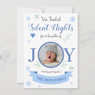 Cute blue Silent nights bundle of joy Holiday Card