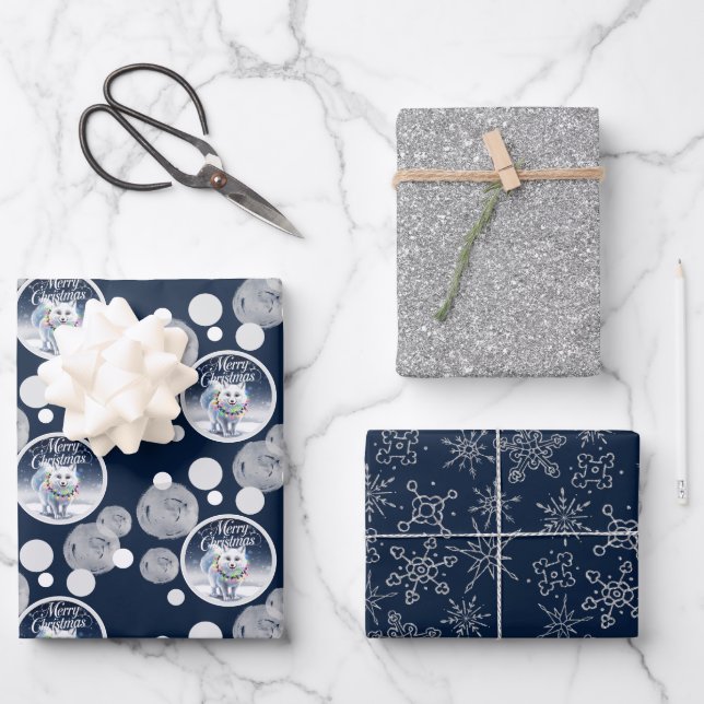 Cute Blue & Silver Christmas Snow Arctic Fox Wrapping Paper Sheet (Front)