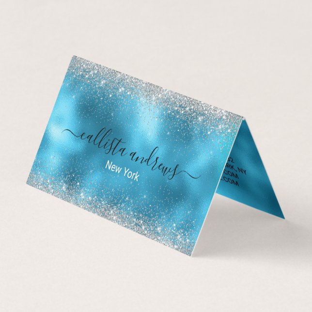 Cute blue silver faux glitter business card (Front)