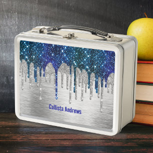 Cute Blue silver faux glitter Drips monogram Metal Lunch Box