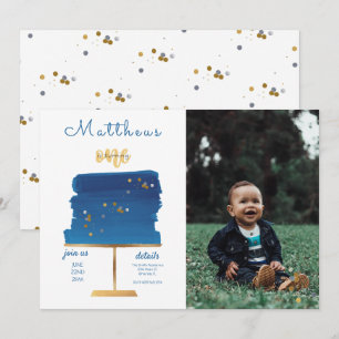 Cute Blue, Silver & Gold   Photo First Birthday Invitation