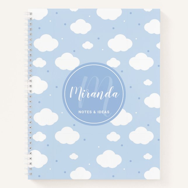 Cute Blue Sky with Custom Monogram and Name Notebook (Front)