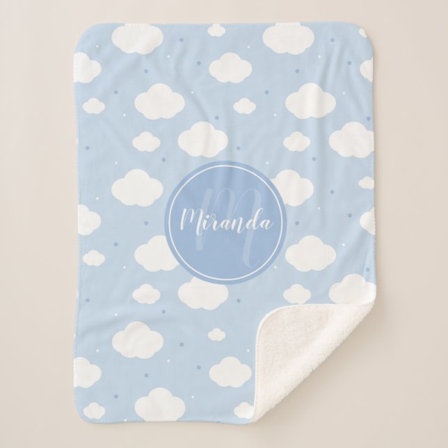 Cute Blue Sky with Custom Monogram and Name Sherpa Blanket (Front)