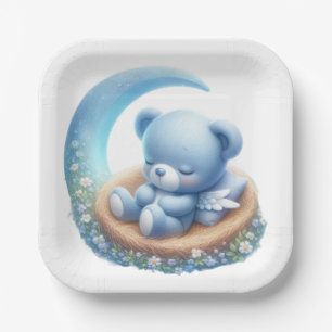 CUTE BLUE SLEEPING BEAR ON MOON PAPER PLATE