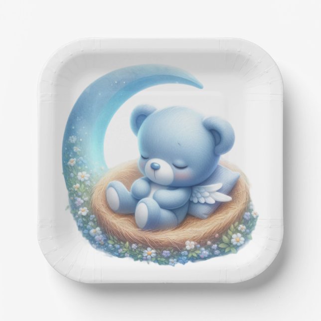 CUTE BLUE SLEEPING BEAR ON MOON PAPER PLATE (Front)