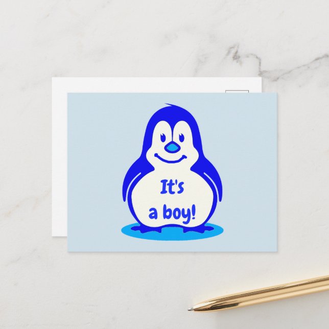 Cute Blue Smiling Penguin It's A Boy Gender Reveal Announcement Postcard (Front/Back In Situ)