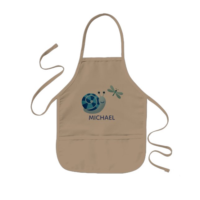 Cute Blue Snail and Dragonfly Garden Kids Apron (Front)