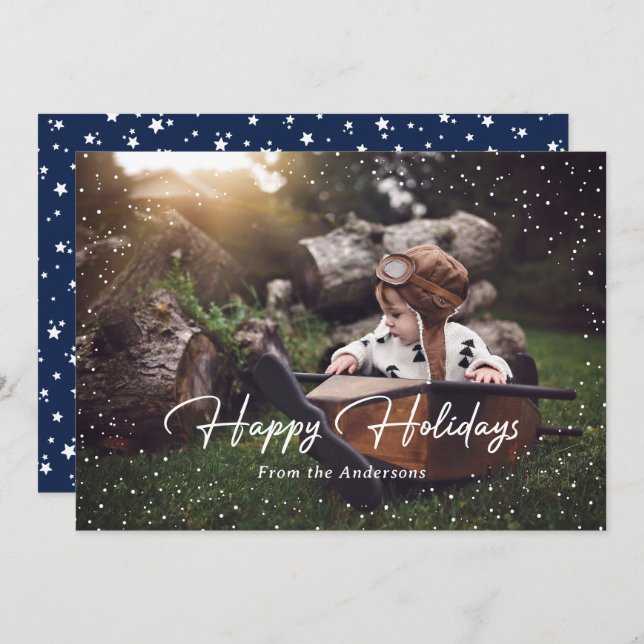 Cute Blue Snow Stars Photo Holiday Card (Front/Back)