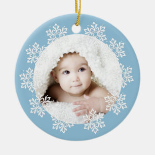Cute Blue Snowflake Frame Baby Boy Photo Christmas Ceramic Tree Decoration