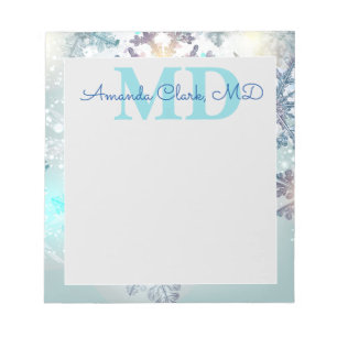 Cute Blue Snowflake Personalised Name MD Doctor Notepad