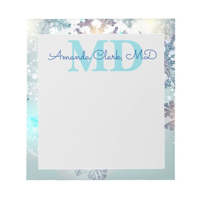 Cute Blue Snowflake Personalised Name MD Doctor Notepad (Front)