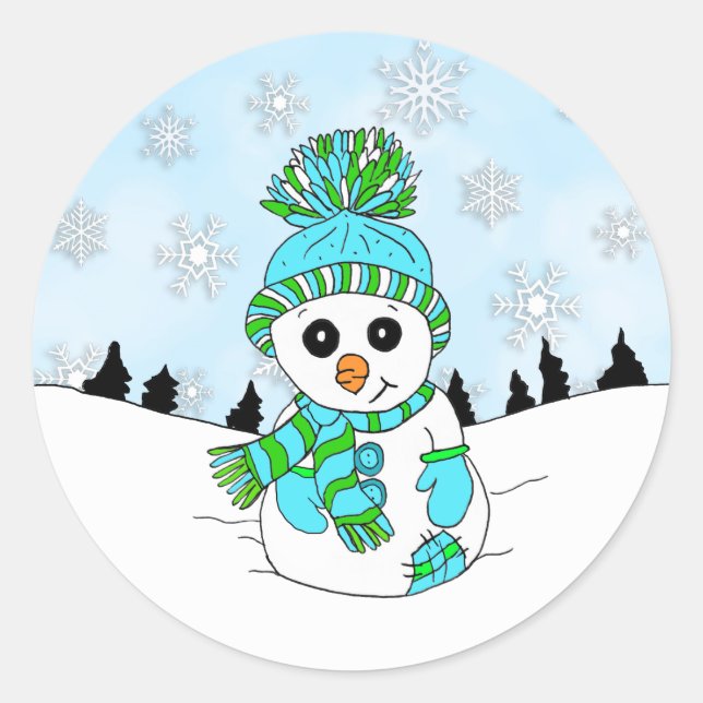 Cute Blue Snowman and Snowflakes Christmas Holiday Classic Round Sticker (Front)