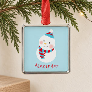 Cute Blue Snowman Kids Name Christmas Keepsake Metal Tree Decoration