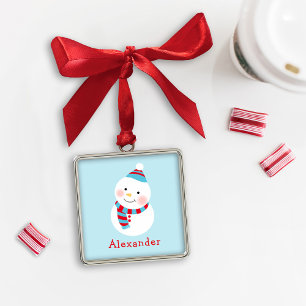 Cute Blue Snowman Kids Name Christmas Keepsake Metal Tree Decoration