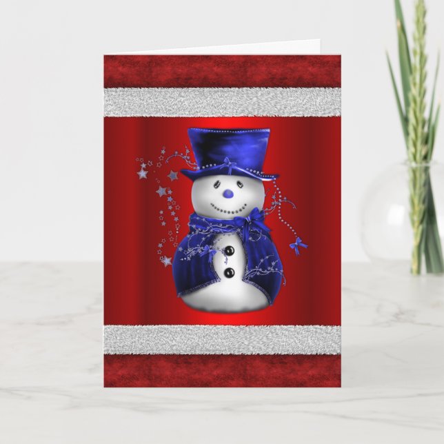 Cute Blue Snowman on Red Christmas Card (Front)