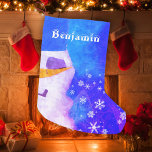 Cute Blue Snowman with Snowflakes Kids Small Christmas Stocking<br><div class="desc">Magical Cute Blue Snowman with Snowflakes Kids Stockings. Snowman and white snowflakes on a beautiful blue and pink background. Personalise these magical stockings with name. The stocking looks magical and the kids will love it.</div>