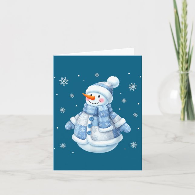 Cute Blue Snowman With Snowflakes Winter Christmas Card (Front)