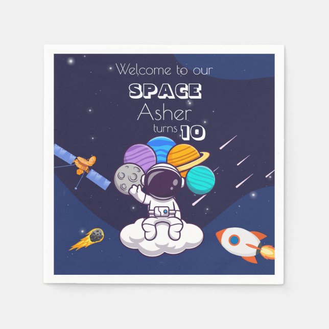 Cute Blue Space Astronaut Personalize Birthday Boy Napkin (Front)