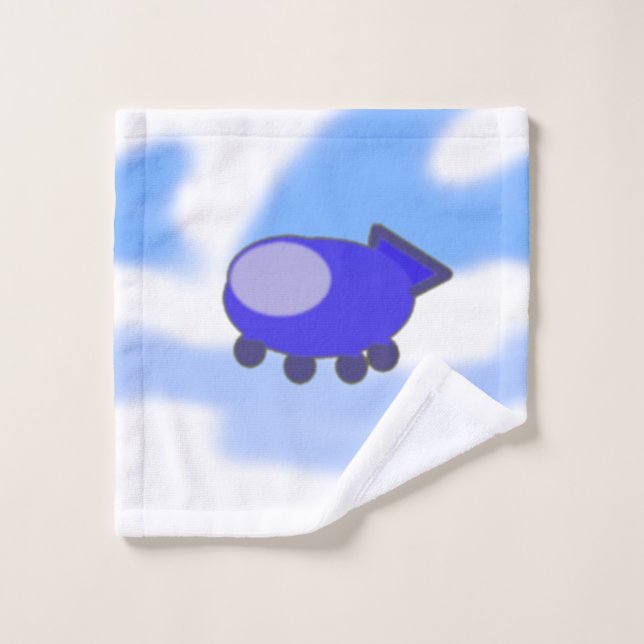 Cute Blue Spaceship on French Blue Clouds Bath Towel Set (Wash Cloth)