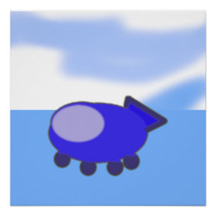 Cute Blue Spaceship on French Blue Clouds Glossy Poster
