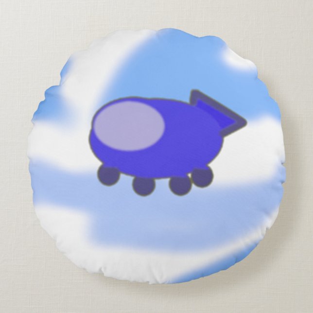 Cute Blue Spaceship on French Blue Round Pillow (Front)