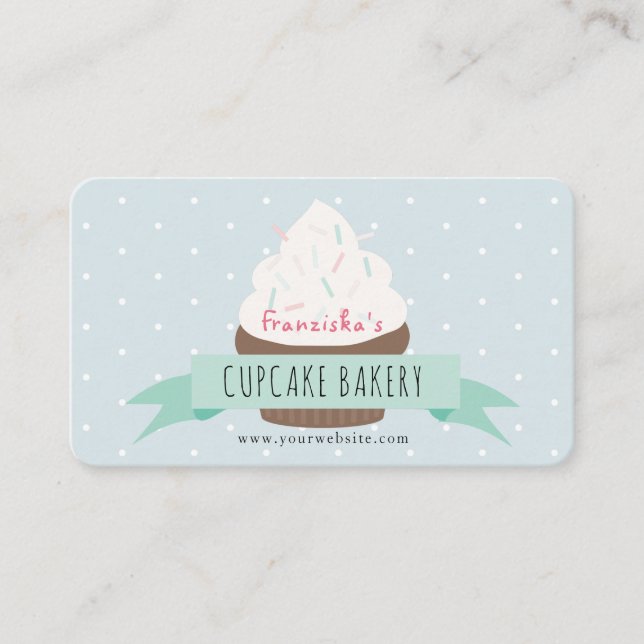 Cute Blue Sprinkles Cupcake Bakery Business Card (Front)