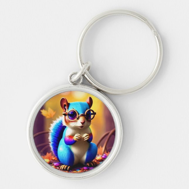 Cute Blue Squirrel with Glasses-56786 Key Ring (Front)
