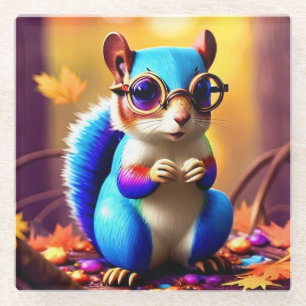 Cute Blue Squirrel with Glasses Glass Coaster