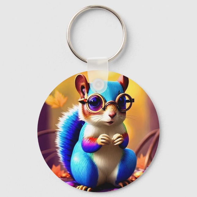 Cute Blue Squirrel with Glasses  Key Ring (Front)