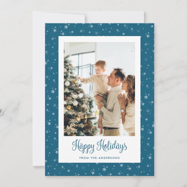Cute Blue Starry Photo Happy Holidays Cards (Front)