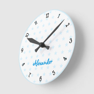 Cute Blue Stars Custom Name Boys Room Nursery Round Clock