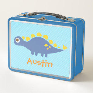 Cute Blue Stegosaurus Dinosaur Kids Personalised Metal Lunch Box