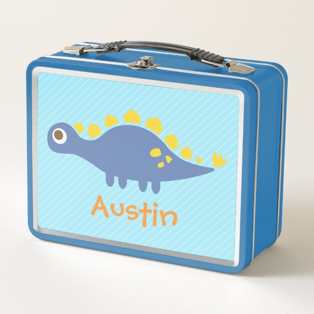 Cute Blue Stegosaurus Dinosaur Kids Personalised Metal Lunch Box (Front)