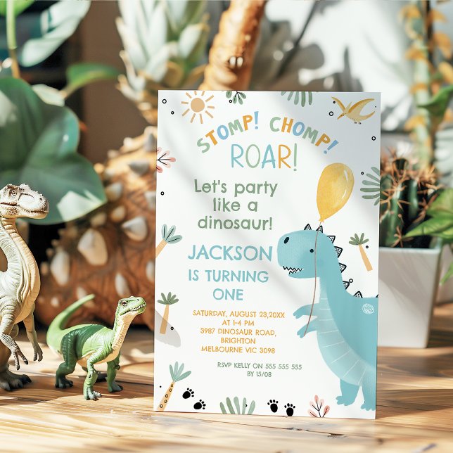 Cute Blue Stomp Chomp Party Dinosaur 1st Birthday Invitation (Stemp, )